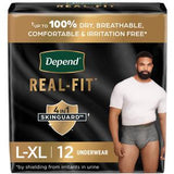 Depend Real-Fit men's adult underwear L-XL, 12 pack, shown on package with model wearing product.