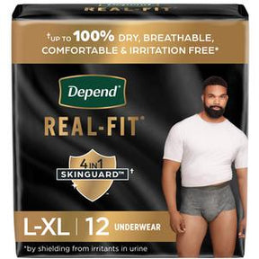 Depend Real-Fit men's adult underwear L-XL, 12 pack, shown on package with model wearing product.