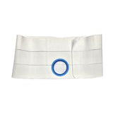 white abdominal support belt with blue stoma opening for medical supplies