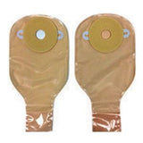 Two beige ostomy bags with adhesive barriers for medical stoma care