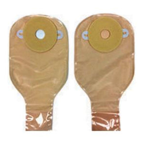 Two beige ostomy bags with adhesive barriers for medical stoma care