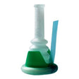 Male external catheter with green adhesive base and blue application strip on white background