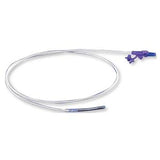 Medical feeding tube with transparent tubing and purple connector, isolated on white background.