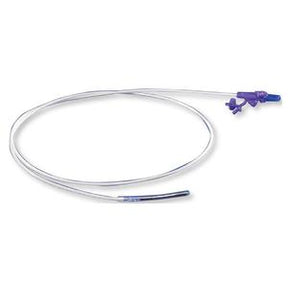 Medical feeding tube with transparent tubing and purple connector, isolated on white background.