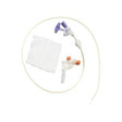 Medical IV extension set with connectors and a sterile gauze pad on a white background