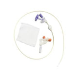 Medical IV extension set with connectors and a sterile gauze pad on a white background