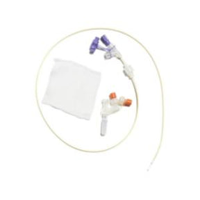 Medical IV extension set with connectors and a sterile gauze pad on a white background