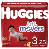 Huggies Little Movers diapers size 3 pack with baby crawling, 25 count, red packaging.