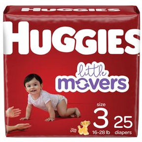Huggies Little Movers diapers size 3 pack with baby crawling, 25 count, red packaging.