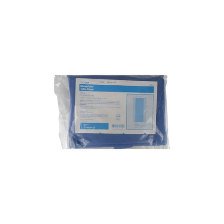 Packaged blue medical table cover with product label, disposable hospital supply