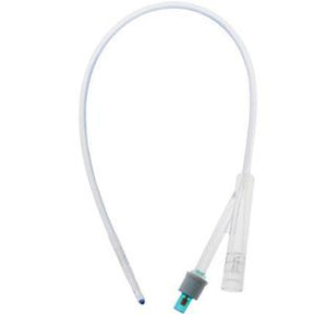 Sterile medical catheter tube with connector on white background