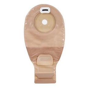Beige medical ostomy bag for stoma care, with adhesive ring and secure closure