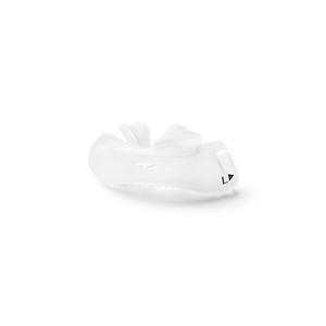 Transparent nasal mask cushion for CPAP machine with left-side marking, isolated on white background.