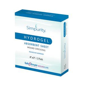 Simpurity Hydrogel absorbent wound dressing box with 12 adhesive border pads
