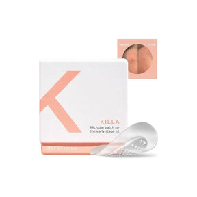 KILLA microdart pimple patch box with patch and before after acne comparison.