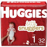 Huggies Little Snugglers size 1 diapers pack, 32 count, with baby image on red packaging