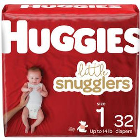 Huggies Little Snugglers size 1 diapers pack, 32 count, with baby image on red packaging