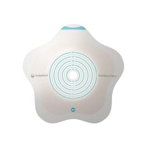 Round medical adhesive barrier with blue concentric sizing guides, for ostomy care