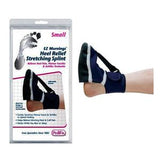 Heel relief stretching splint for plantar fasciitis foot pain, shown on a person's foot and in packaging.