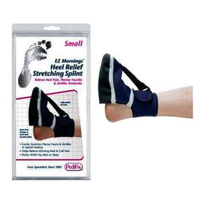 Heel relief stretching splint for plantar fasciitis foot pain, shown on a person's foot and in packaging.