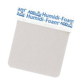Square adhesive foam dressing for wound care with Humidi-Foam label on white background