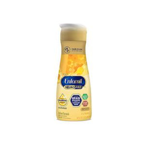 Enfamil NeuroPro infant formula ready-to-use bottle with yellow and blue label on white background