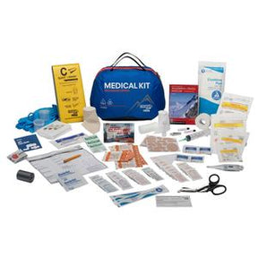 Comprehensive home medical kit with gloves, bandages, scissors, and first aid supplies