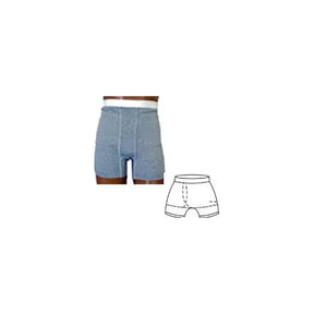 Gray medical support boxer shorts for adults with diagram showing garment design.