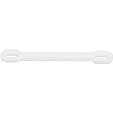 White plastic medical device strap with slotted ends on plain background