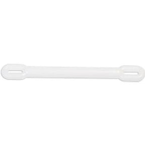 White plastic medical device strap with slotted ends on plain background