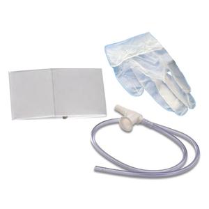 Disposable medical gloves, plastic tubing, and sterile pad on white background