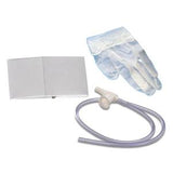 Disposable medical gloves, plastic tubing, and sterile pad on white background
