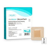 Medvance Silicone Foam bordered wound dressing box with single dressing pad, 5 per box
