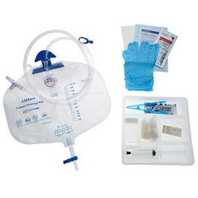 Urinary catheter kit with drainage bag, medical gloves, wipes, and sterile supplies