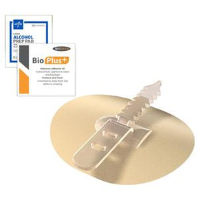Ostomy pouch baseplate with adhesive, alcohol prep pad, and skin barrier wipe