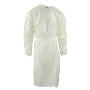 Disposable medical isolation gown with long sleeves, full coverage, white color