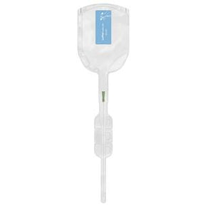 Sterile transparent urine drainage bag with blue label and graduated measurement markings