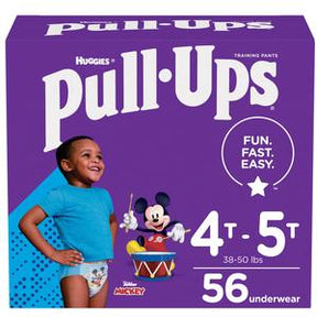 Huggies Pull-Ups training pants box for 4T-5T, shows smiling toddler and Mickey Mouse design.