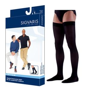 Black medical compression thigh-high socks with product box featuring two people