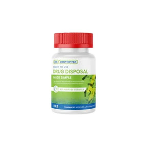 Drug disposal container with red lid and green label for safe medication disposal