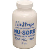 Nu-Sorb absorption grains bottle for medical use, white container with blue label, 8 oz size