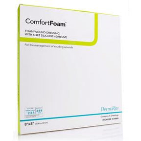 ComfortFoam foam wound dressing box with silicone adhesive for exuding wounds, 8x8 inches