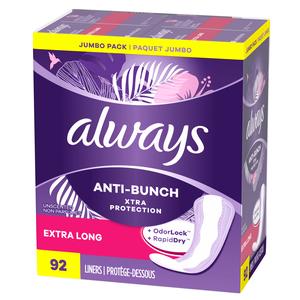 Always Anti-Bunch Xtra Protection extra long liners jumbo pack, 92 count, purple box