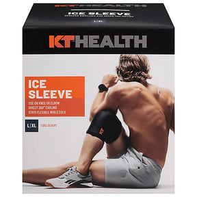 KT Health ice sleeve for knee or elbow pain relief, product box with athlete model