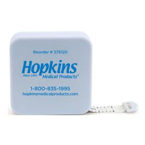 Retractable white medical tape measure with blue Hopkins Medical Products logo