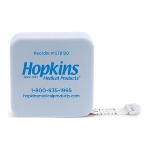 Retractable white medical tape measure with blue Hopkins Medical Products logo