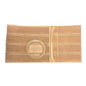 Beige medical ostomy support belt with circular opening for stoma care