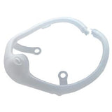 Clear plastic medical device component with attachment loops, isolated on white background
