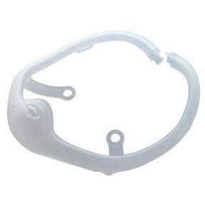 Clear plastic medical device component with attachment loops, isolated on white background