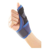 Hand wearing a blue and black thumb support brace for joint or tendon relief